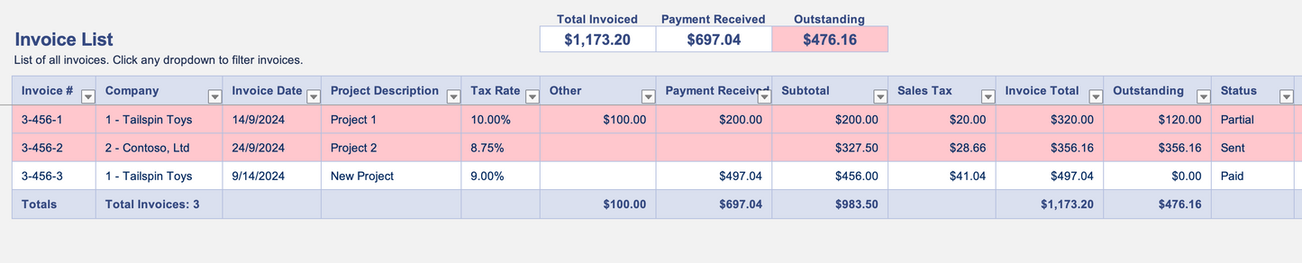 Excel Invoice Manager List of Invoices
