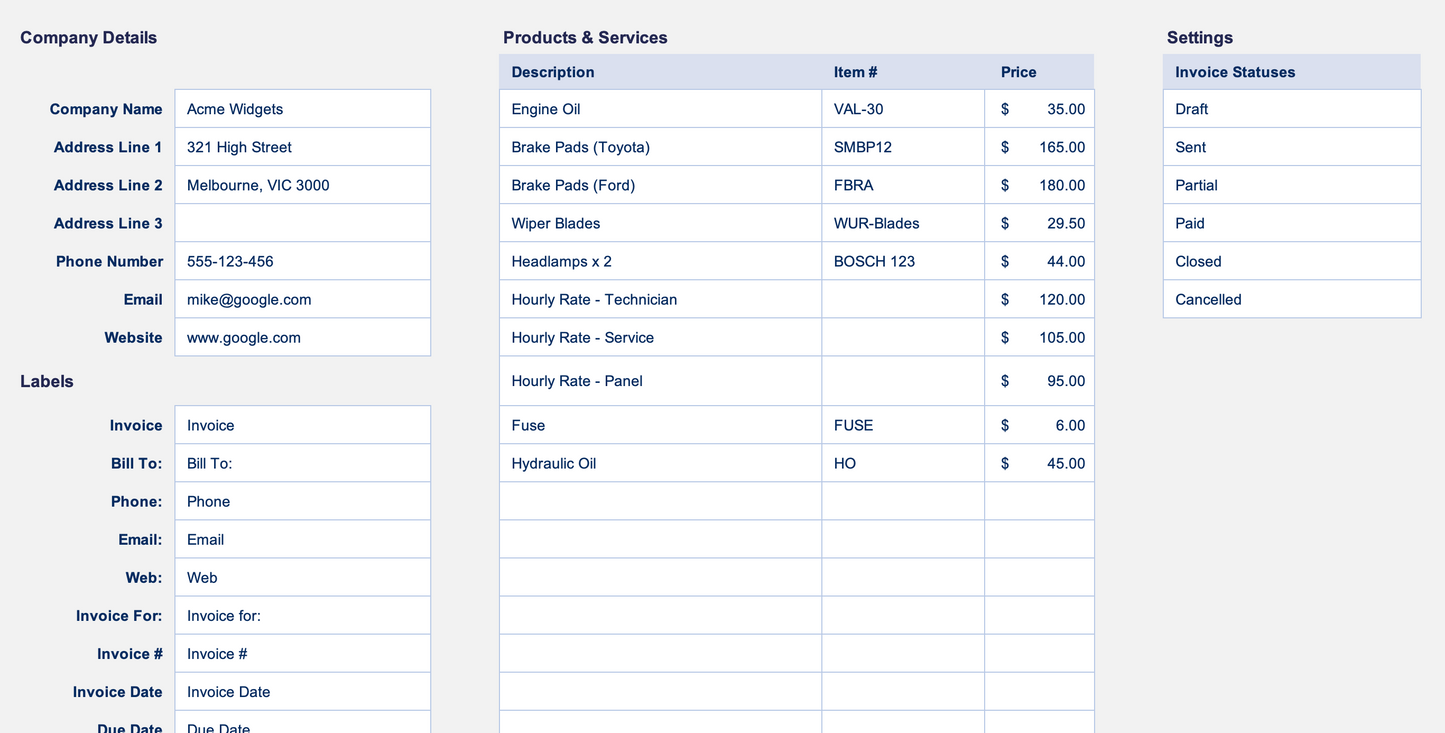 Excel Invoice Manager Presets