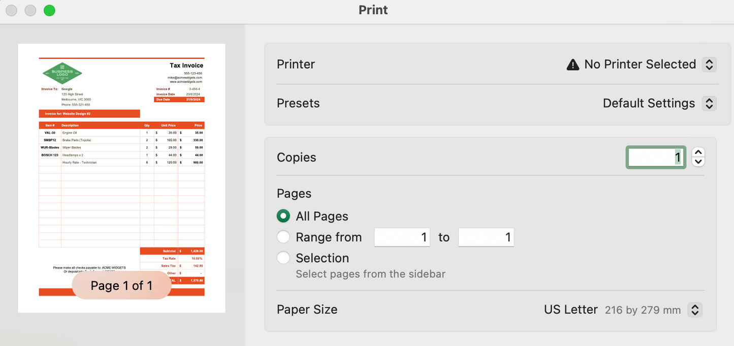 Excel Invoice Manager Printer Settings